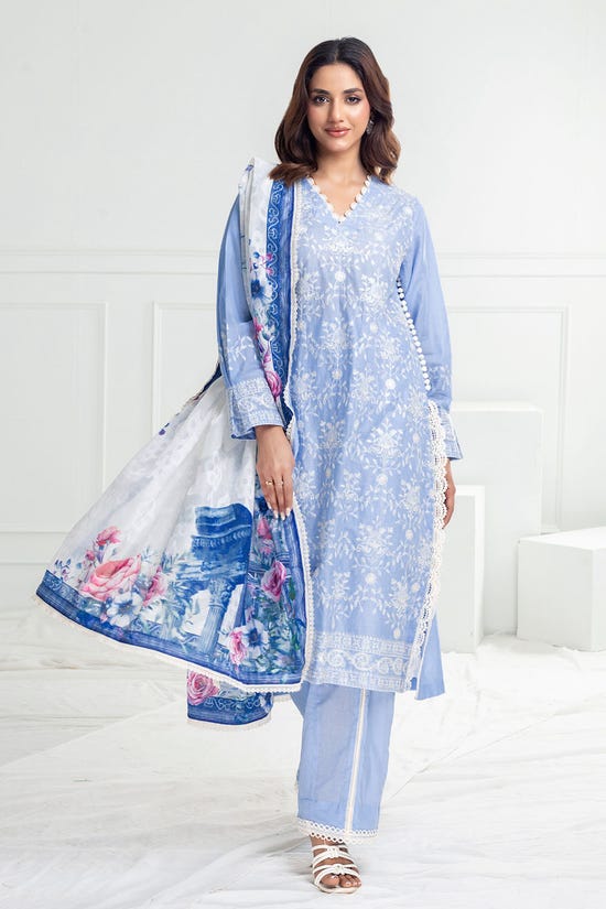 3 Piece Unstitched Embroidered Lawn Suit with Printed Jacquard Dupatta SP-52007